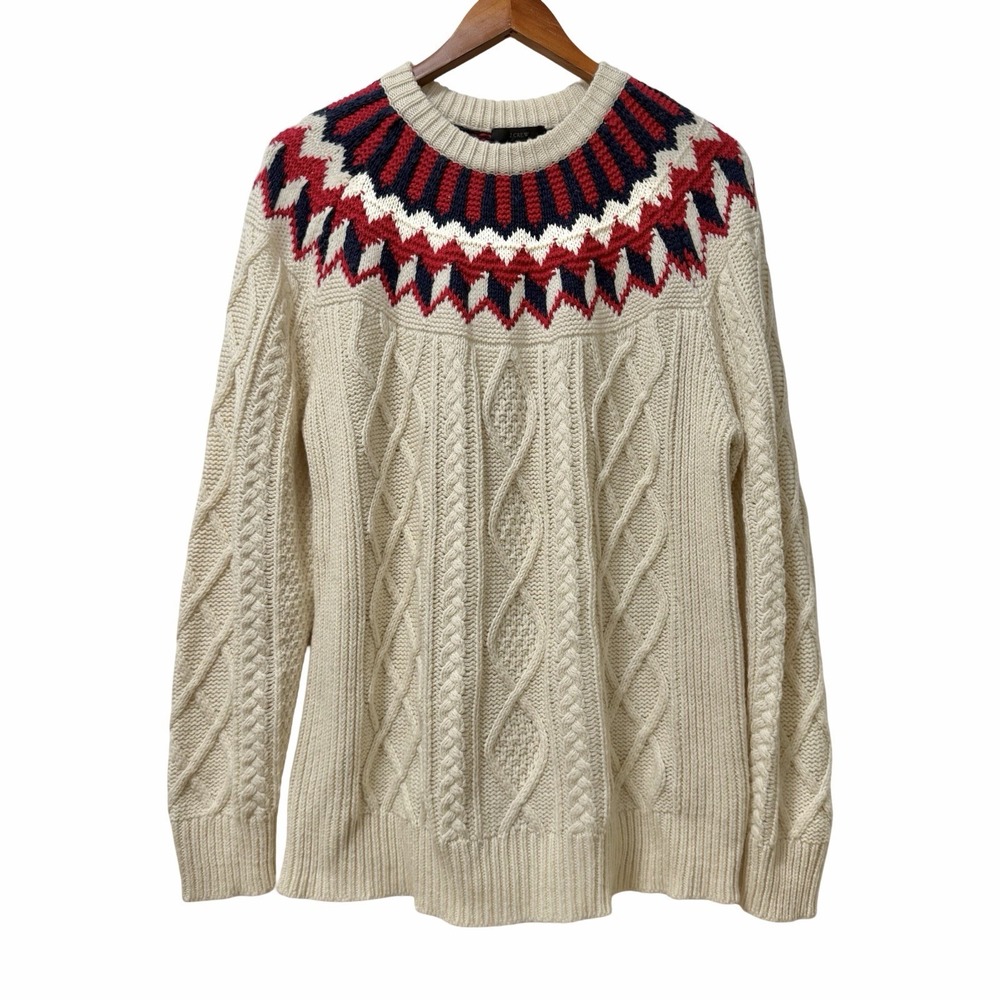 J Crew Fair Isle Fisherman Cable Knit Sweater Womens Large Cream Classic Ski NEW
